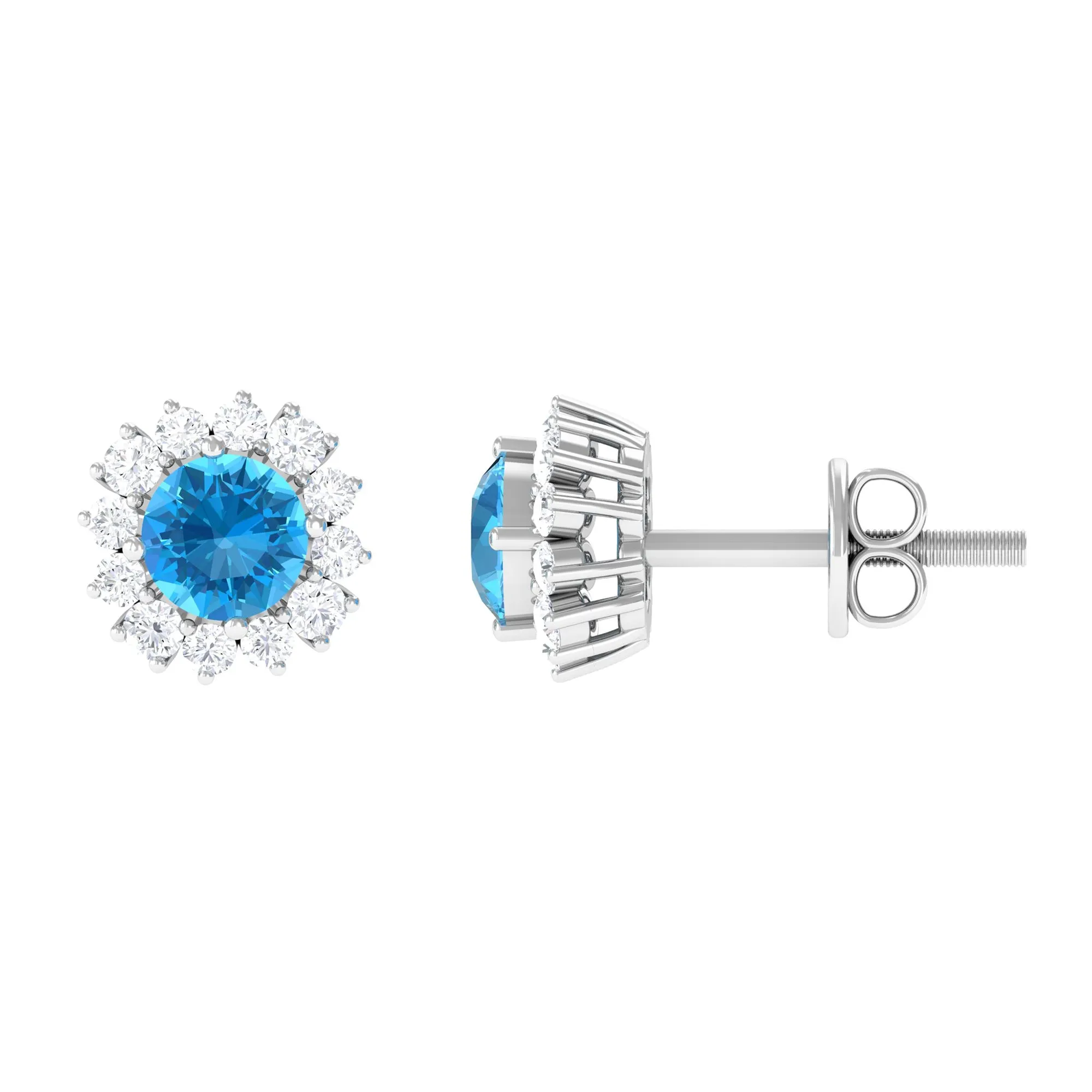 Round Swiss Blue Topaz Classic Stud Earring with Diamond Accent