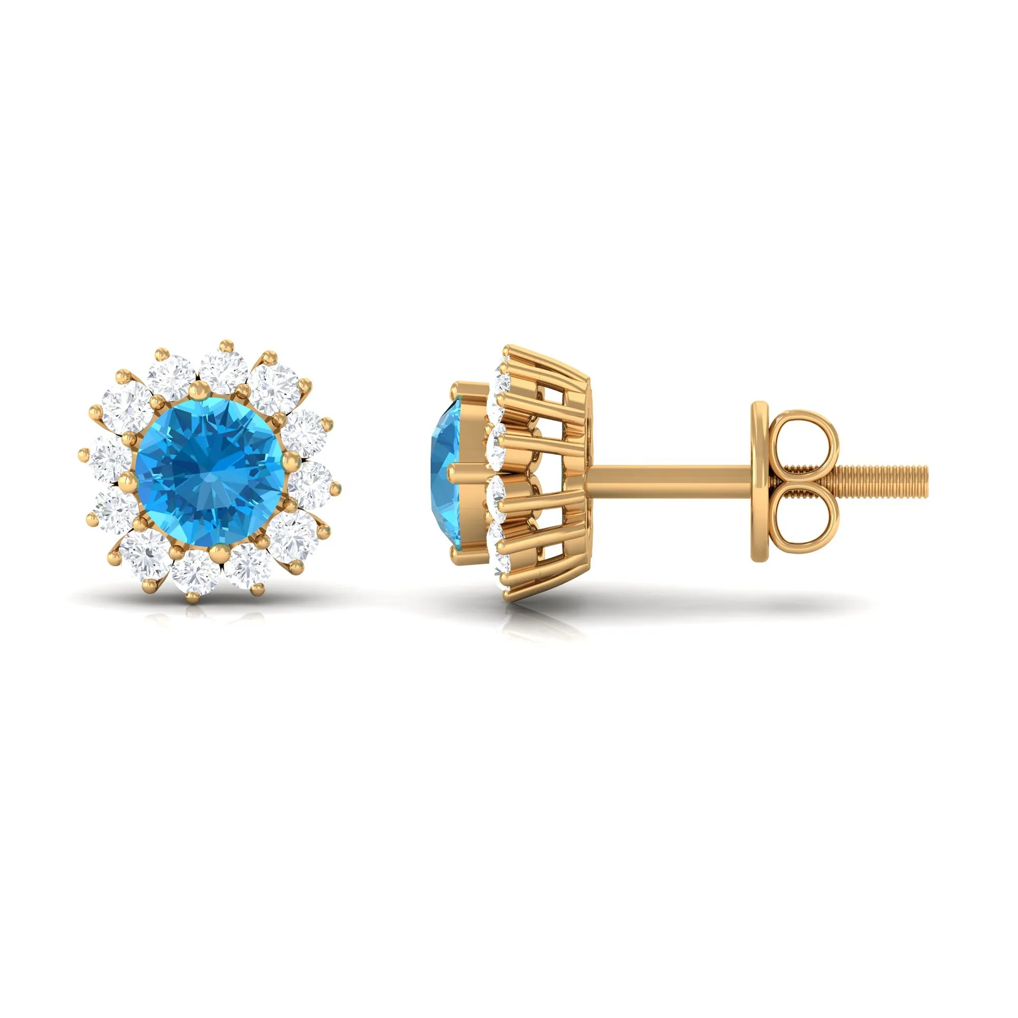 Round Swiss Blue Topaz Classic Stud Earring with Diamond Accent