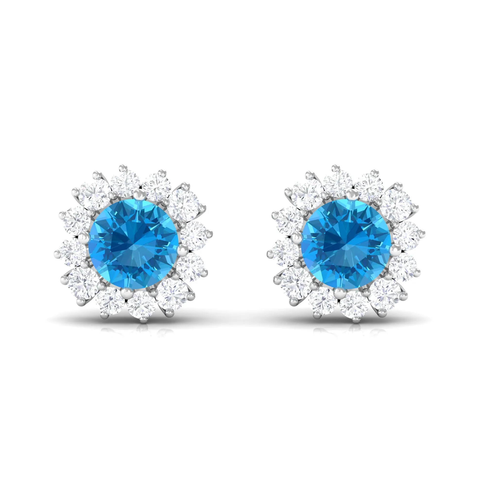 Round Swiss Blue Topaz Classic Stud Earring with Diamond Accent