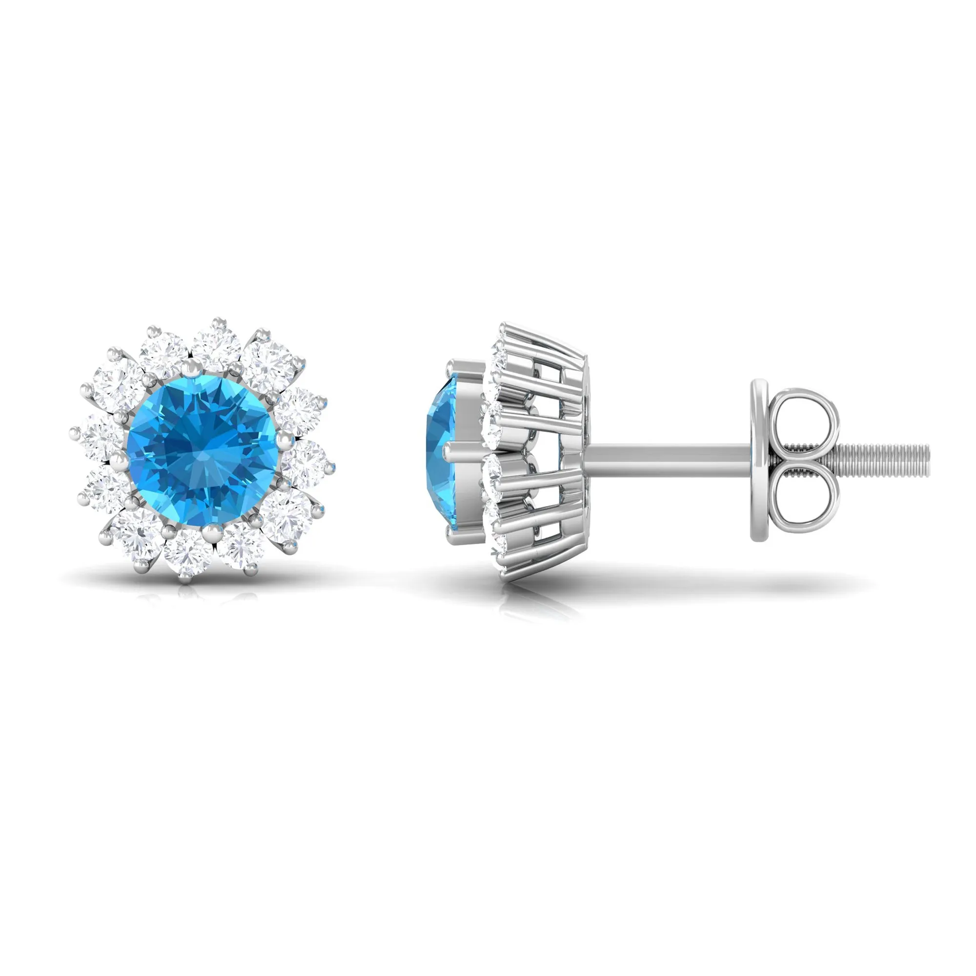 Round Swiss Blue Topaz Classic Stud Earring with Diamond Accent