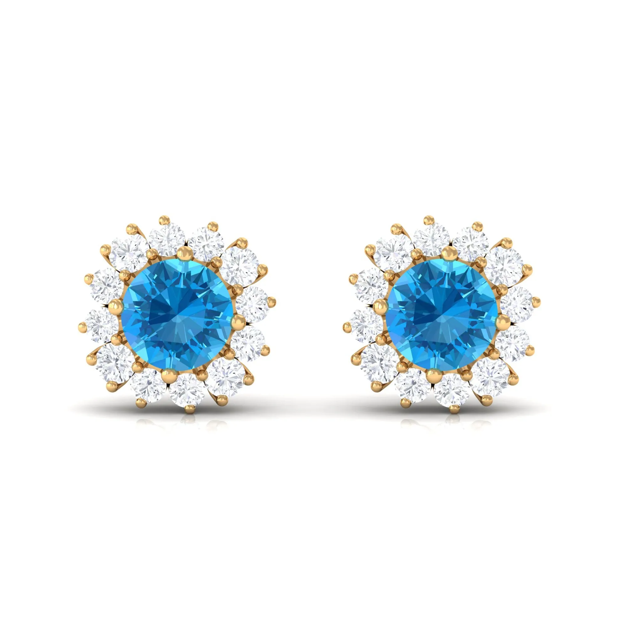 Round Swiss Blue Topaz Classic Stud Earring with Diamond Accent