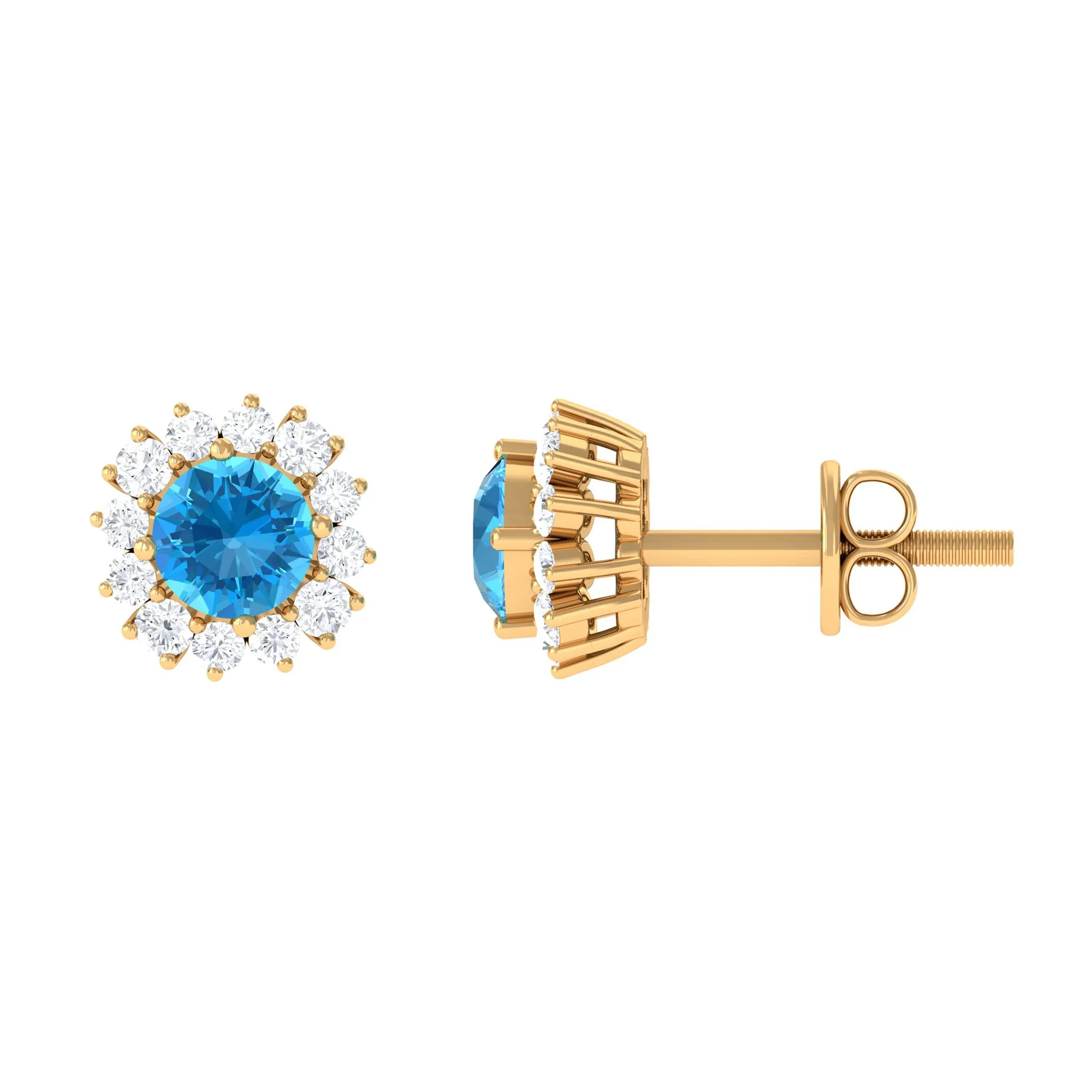 Round Swiss Blue Topaz Classic Stud Earring with Diamond Accent