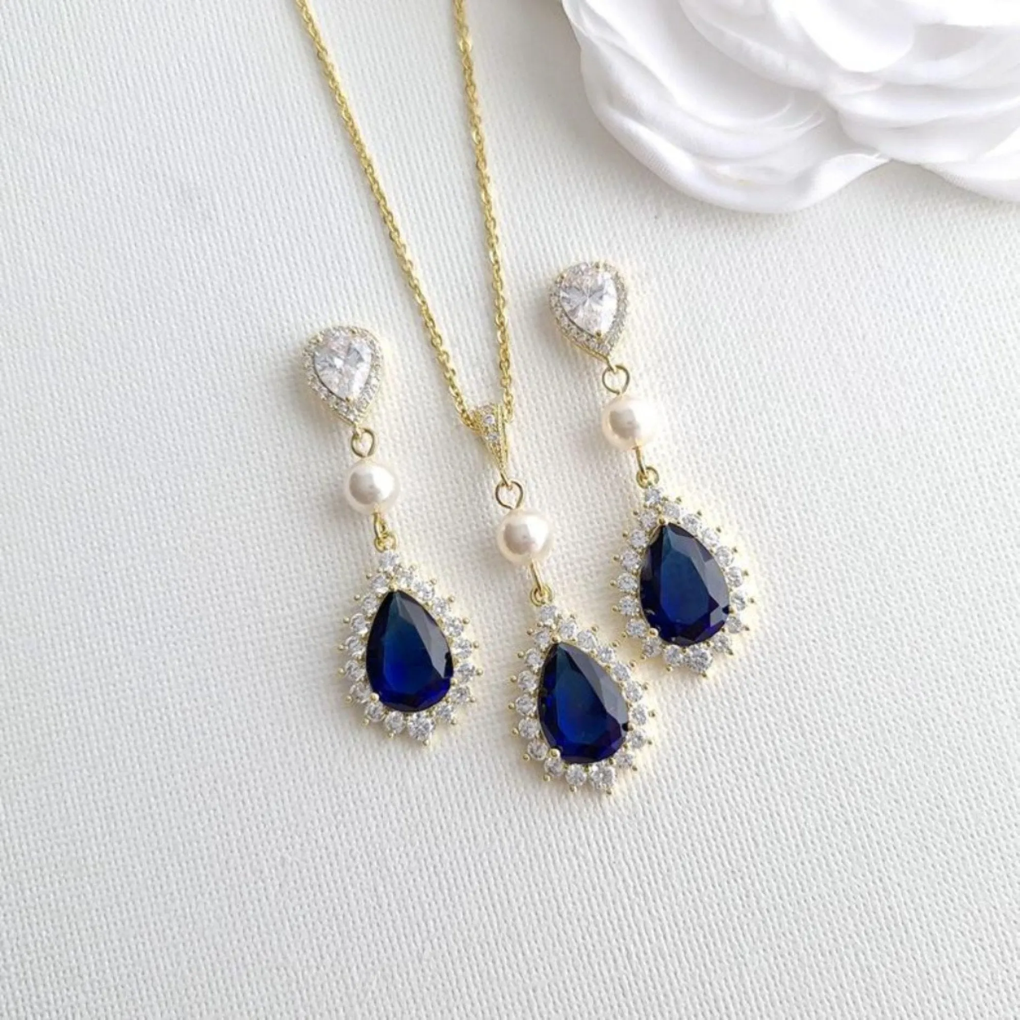 Sapphire Blue Wedding Jewelry Set In Gold-Aoi