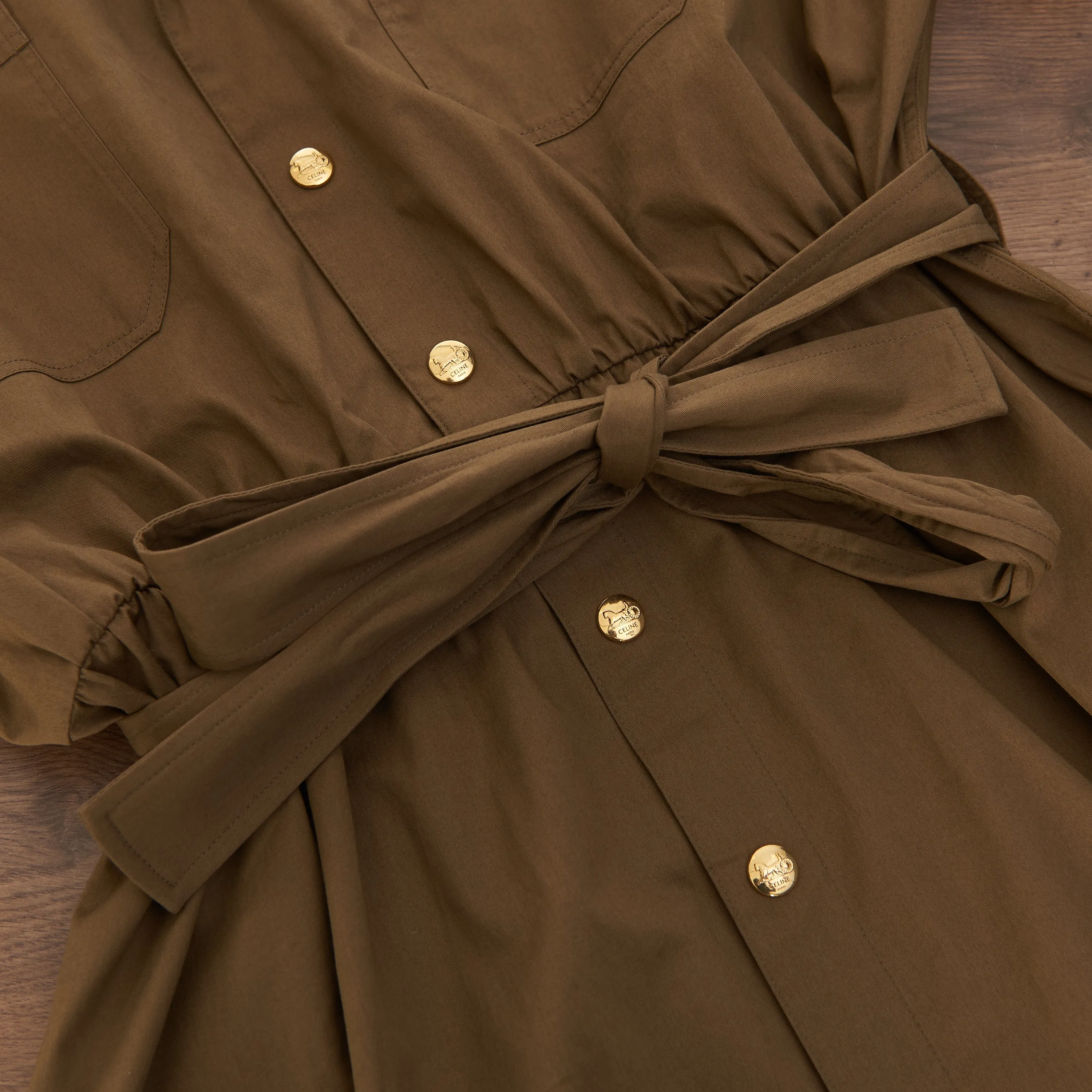 Short-Sleeved Safari Dress In Olive Green Cotton Twill