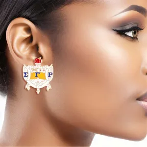 Sigma Gamma Rho Earrings Gold Blue SGRHO Crest Studs