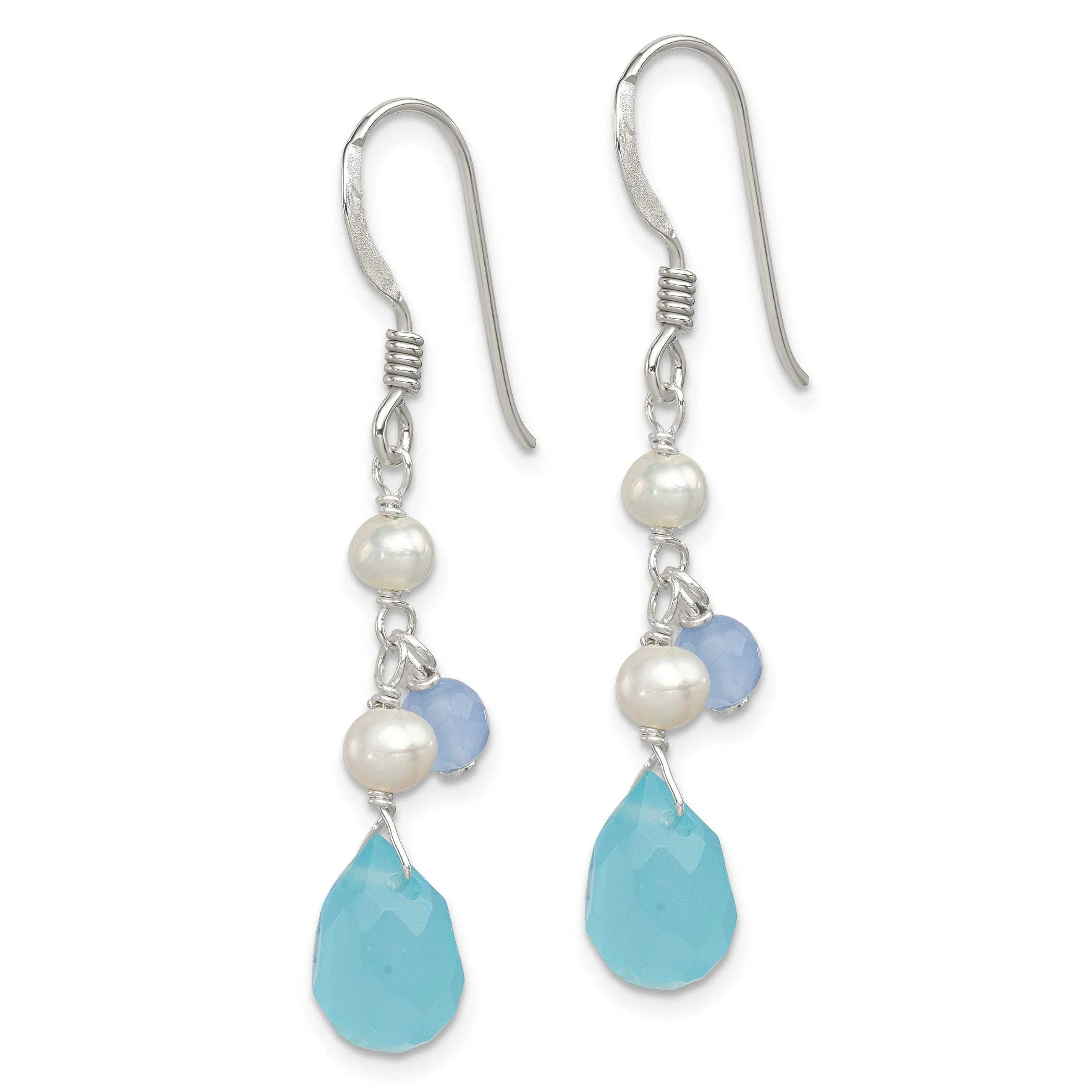 Silver Blue Agate Topaz Pearl Dangle Earrings