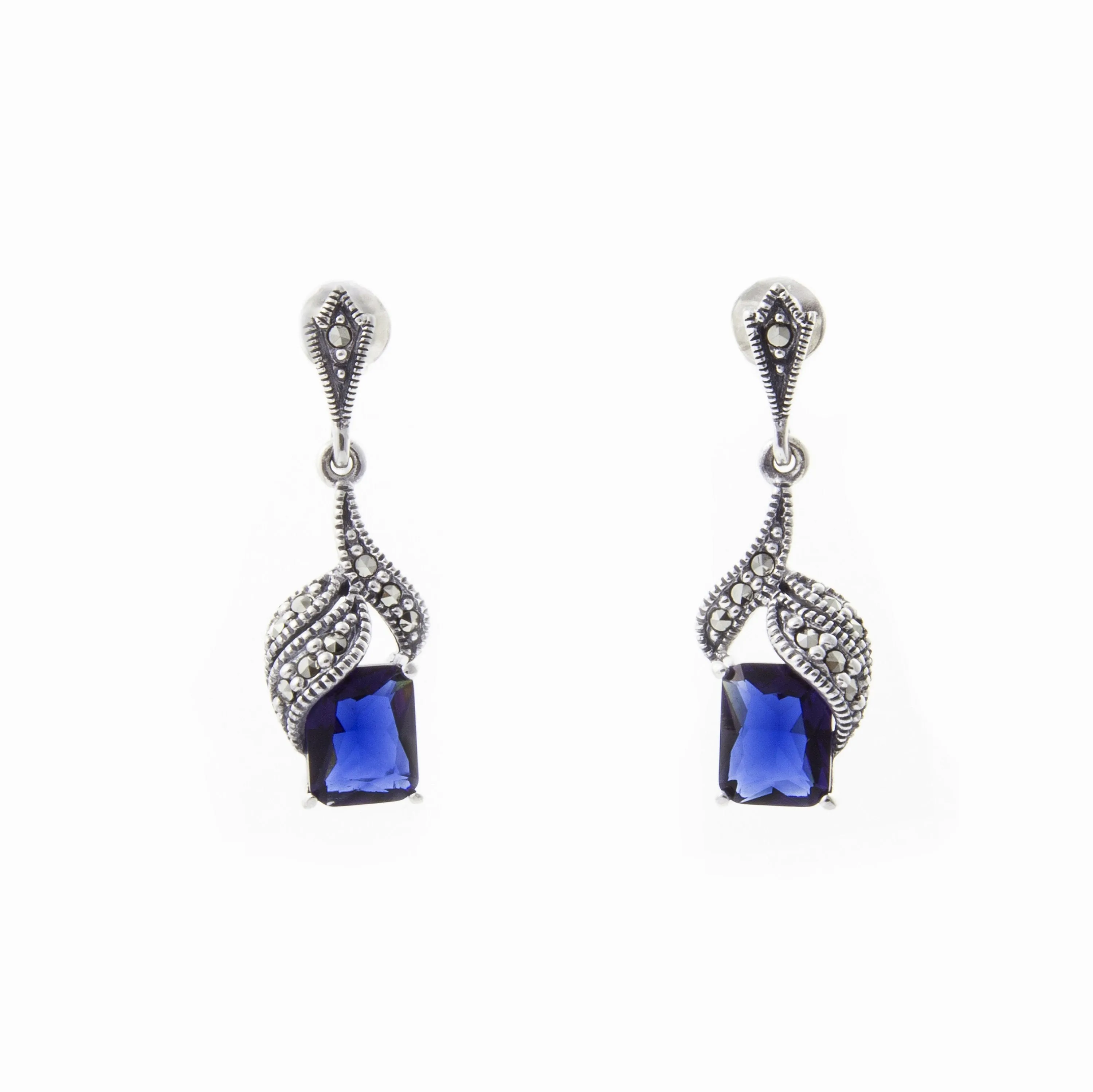 Silver Marcasite Sapphire Earrings Blue Crystal Bridal