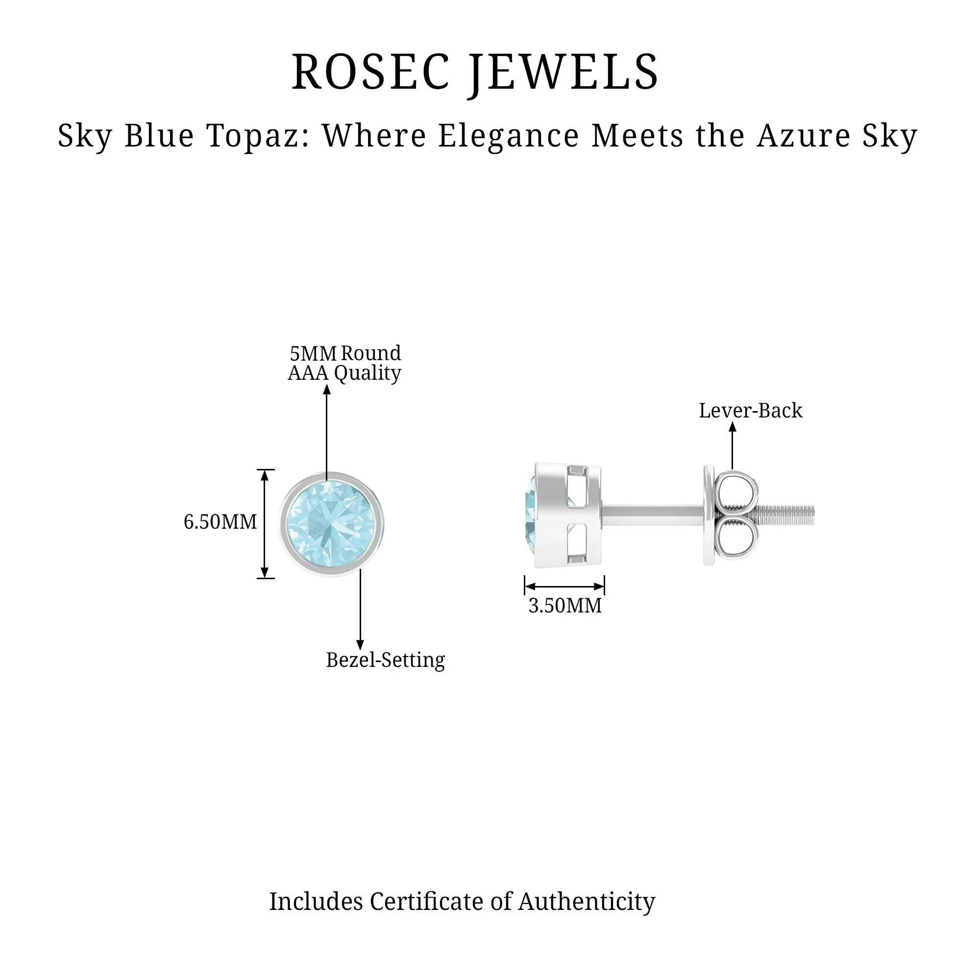 Sky Blue Topaz Solitaire Stud Earrings in Bezel Setting