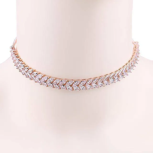 Stackable Adjustable Choker, Leaf Shape Cubic Zirconia Necklace