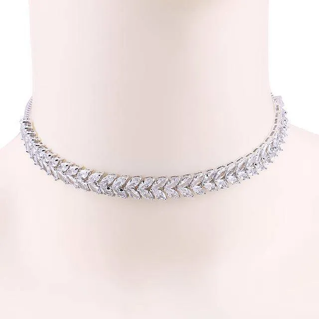 Stackable Adjustable Choker, Leaf Shape Cubic Zirconia Necklace