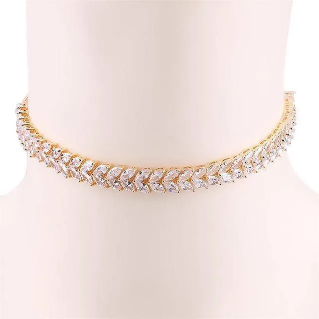 Stackable Adjustable Choker, Leaf Shape Cubic Zirconia Necklace