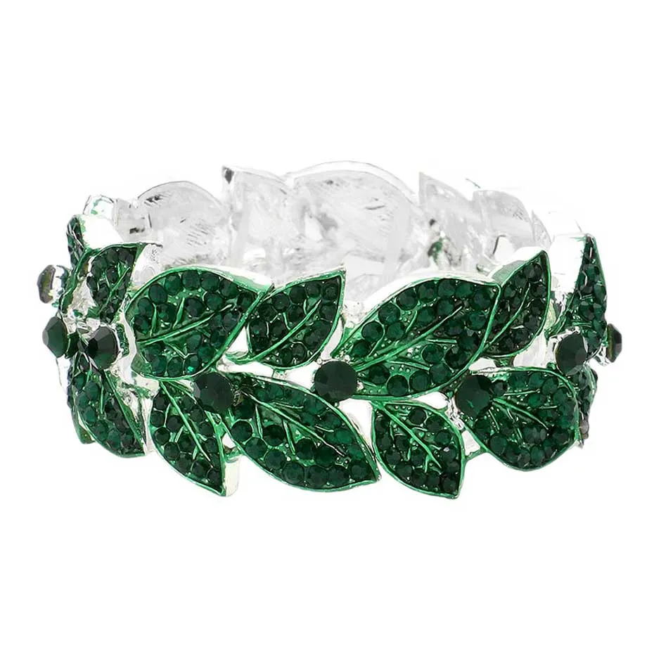 Stone Paved Leaf Linked Stretch Evening Bracelet