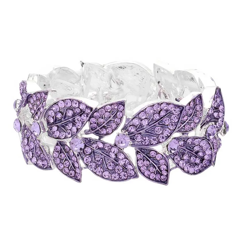 Stone Paved Leaf Linked Stretch Evening Bracelet