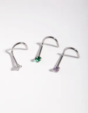 Surgical Steel Rhodium Classic Gem Nose Stud Pack