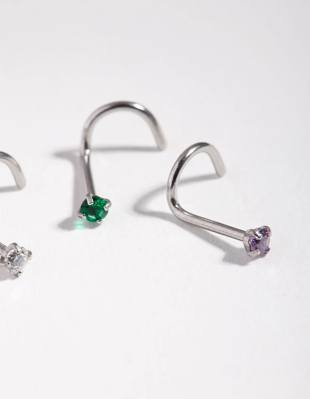 Surgical Steel Rhodium Classic Gem Nose Stud Pack