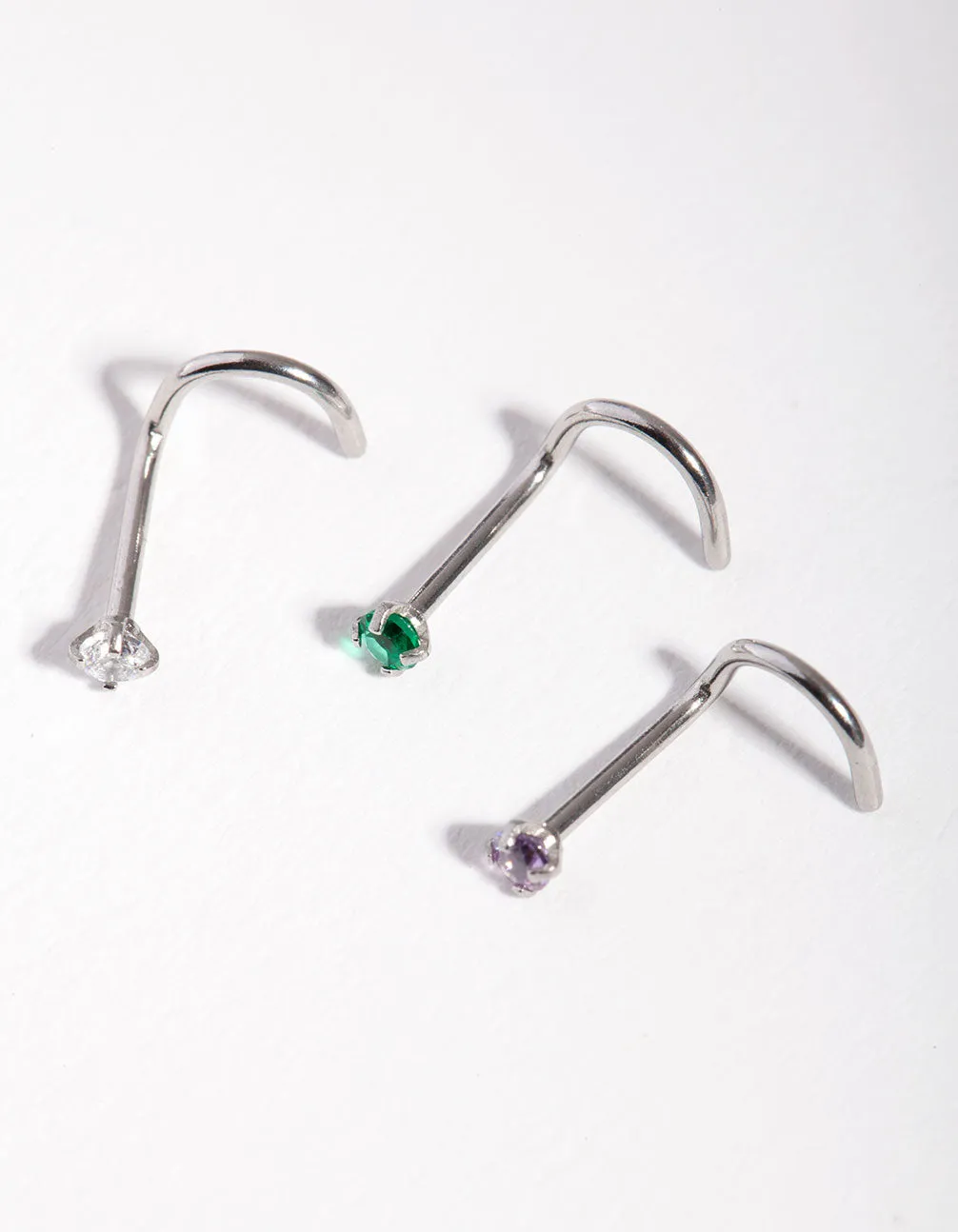 Surgical Steel Rhodium Classic Gem Nose Stud Pack