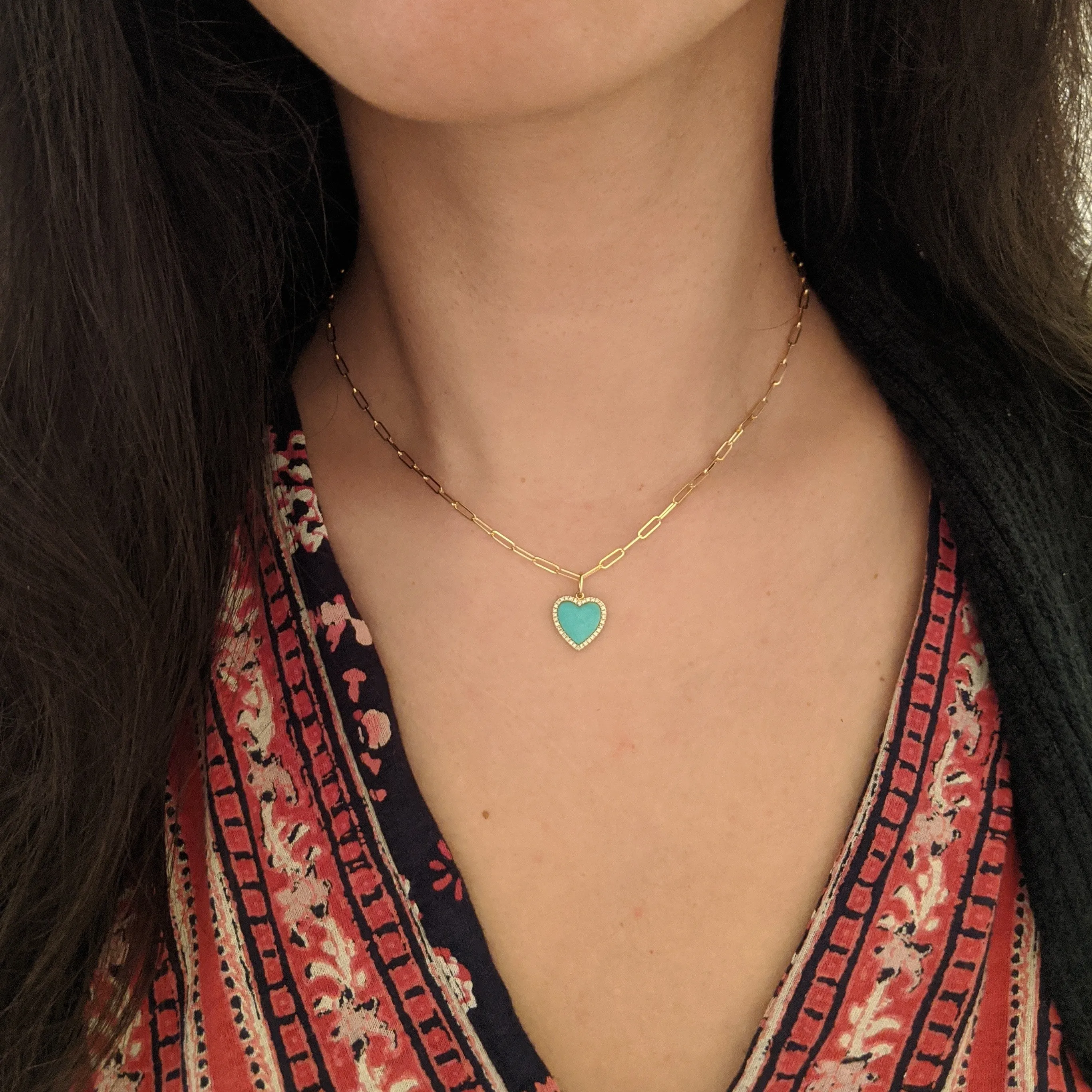 Turquoise Heart Necklace With Diamonds on Paperclip Link Chain