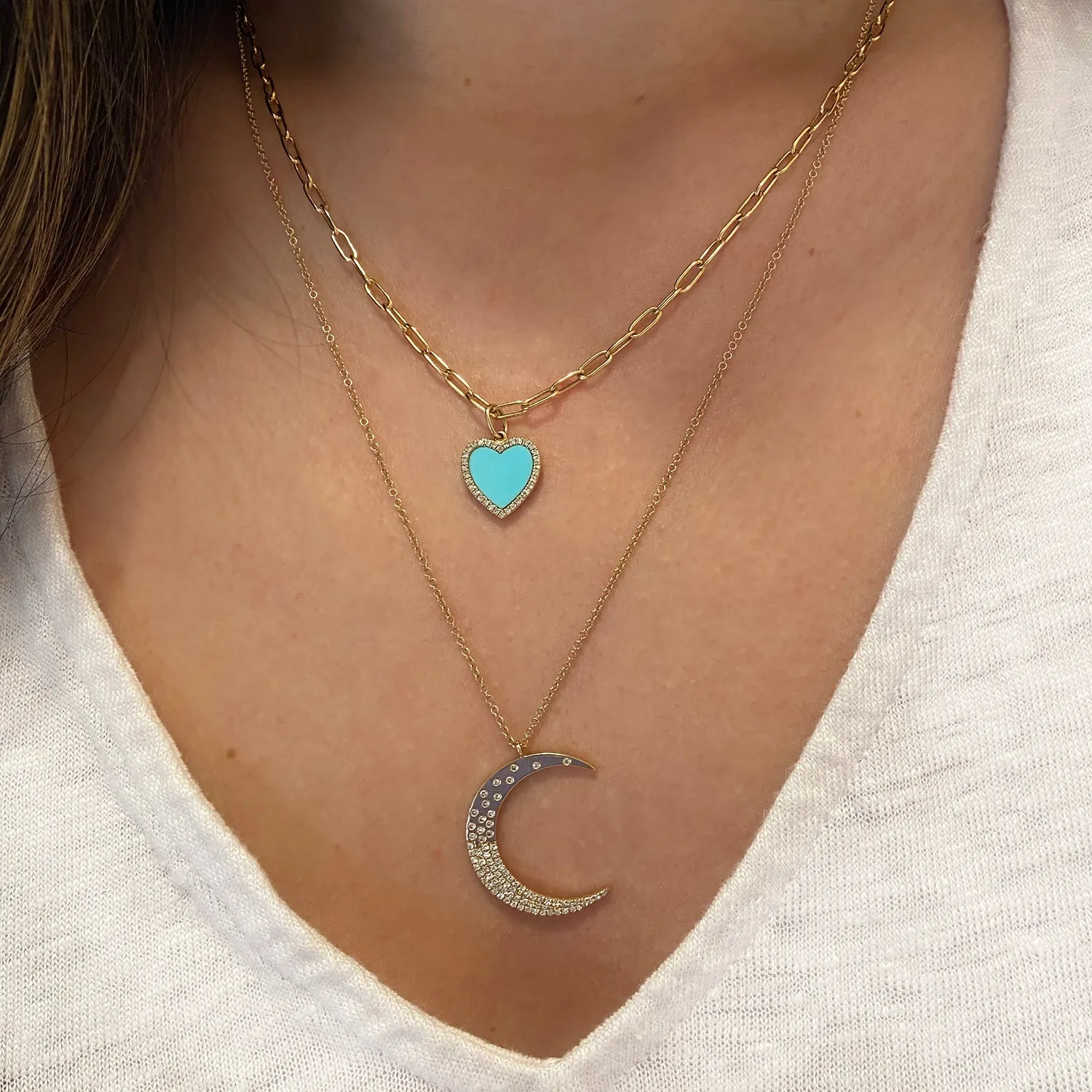 Turquoise Heart Necklace With Diamonds on Paperclip Link Chain