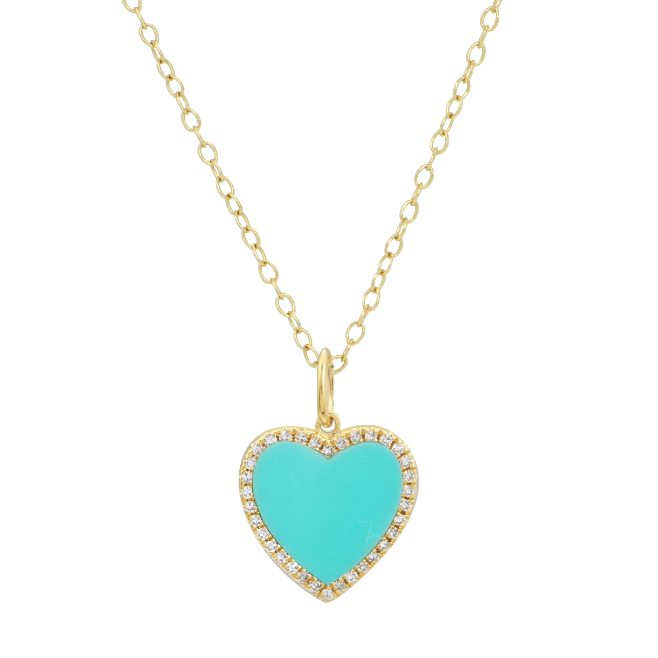 Turquoise Heart Necklace With Diamonds on Paperclip Link Chain