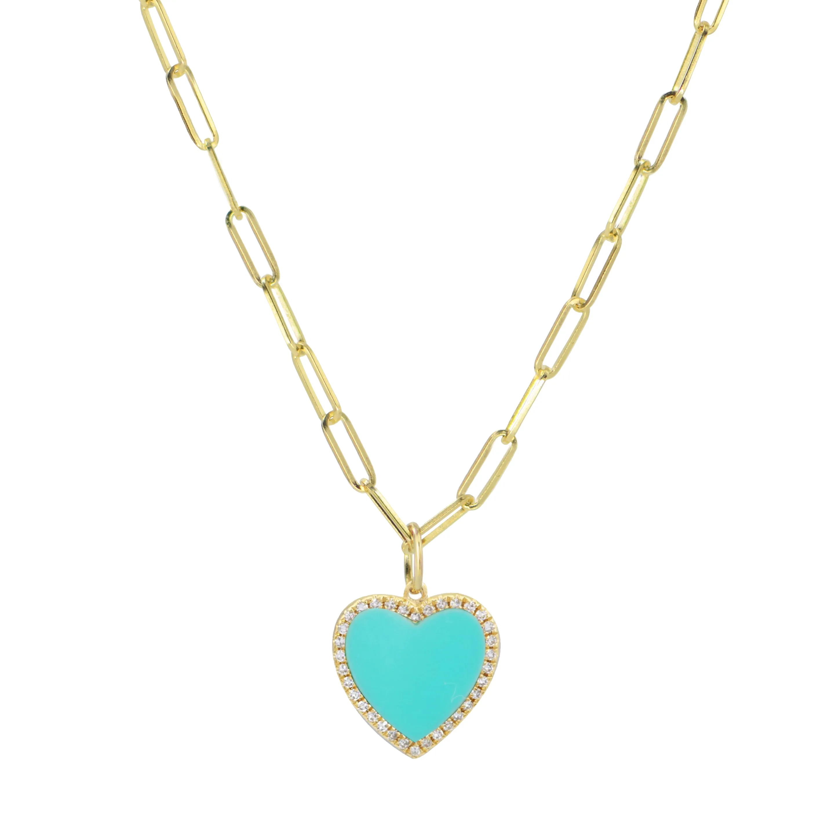 Turquoise Heart Necklace With Diamonds on Paperclip Link Chain