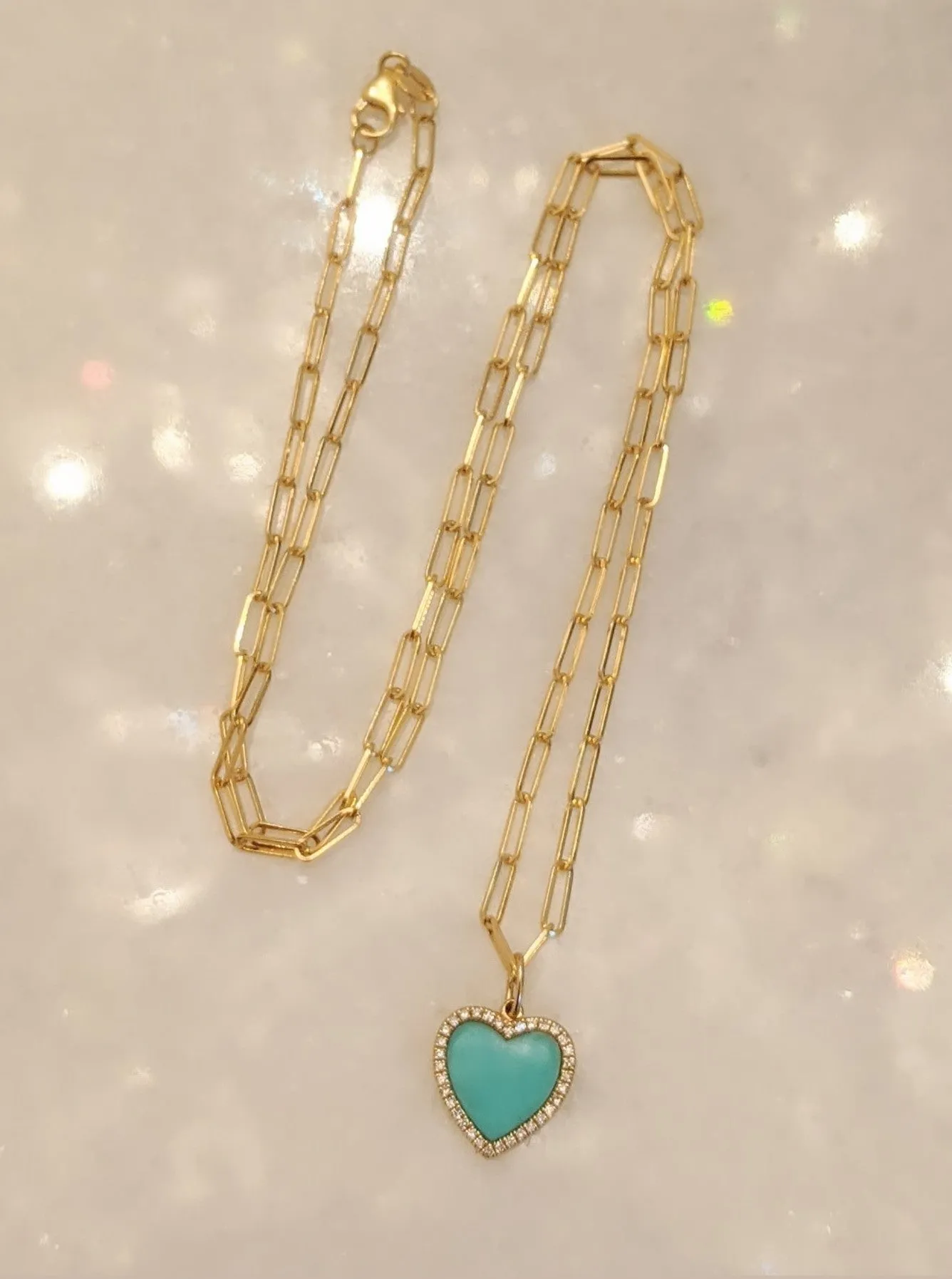 Turquoise Heart Necklace With Diamonds on Paperclip Link Chain