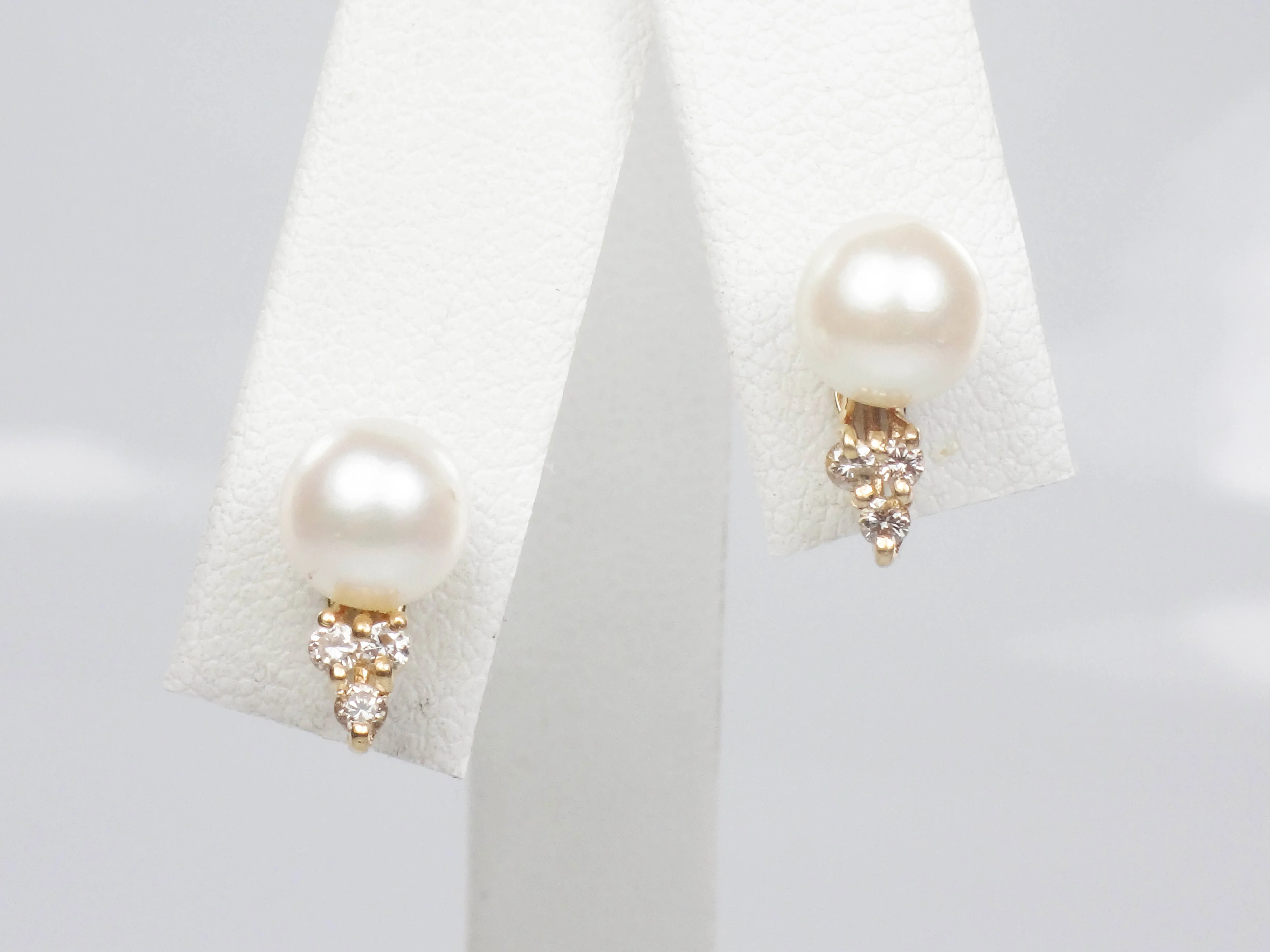 Vintage 14k Gold Cultured Pearl and Diamond Stud Earrings, June Birthstone Earrings