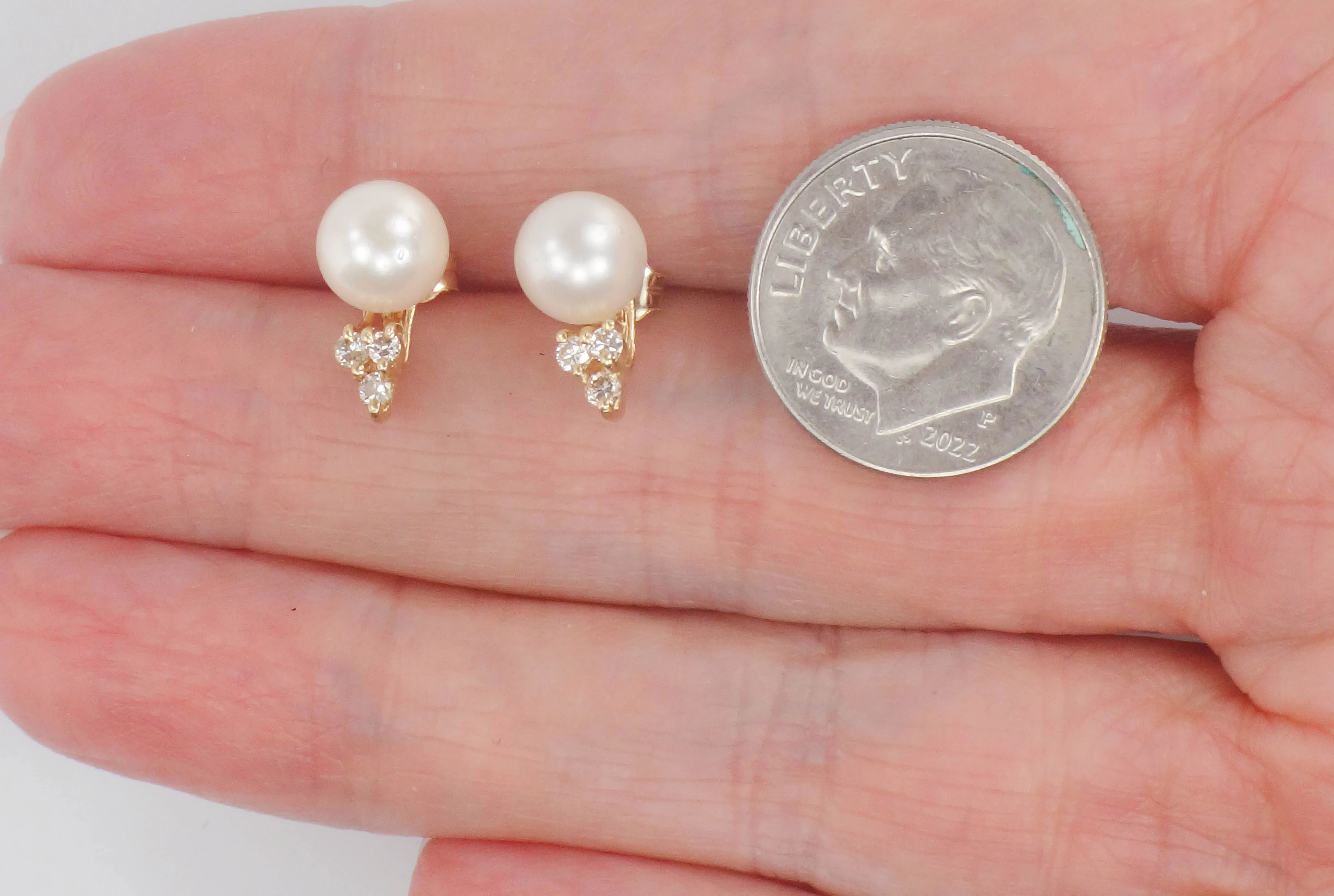 Vintage 14k Gold Cultured Pearl and Diamond Stud Earrings, June Birthstone Earrings