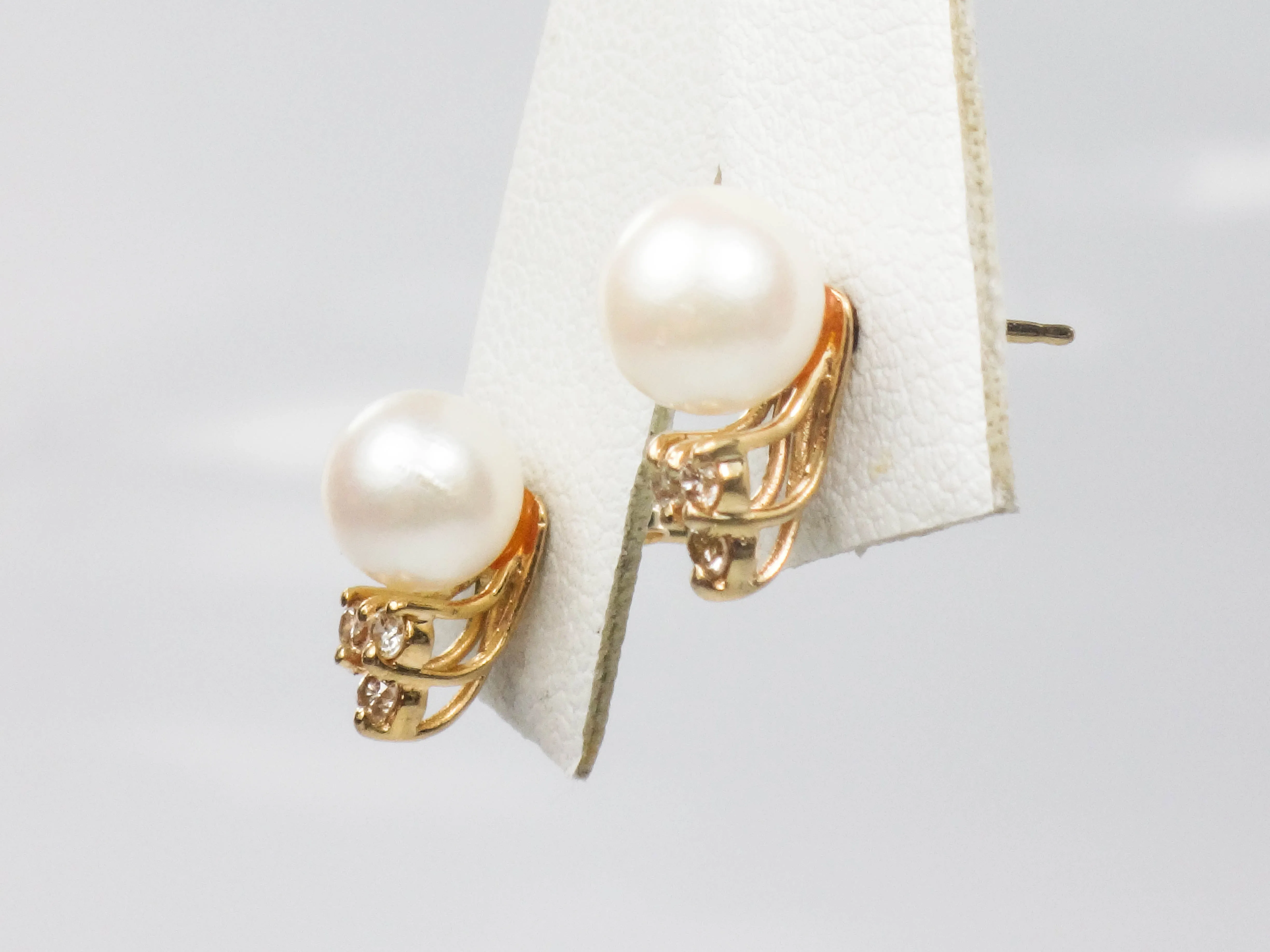 Vintage 14k Gold Cultured Pearl and Diamond Stud Earrings, June Birthstone Earrings