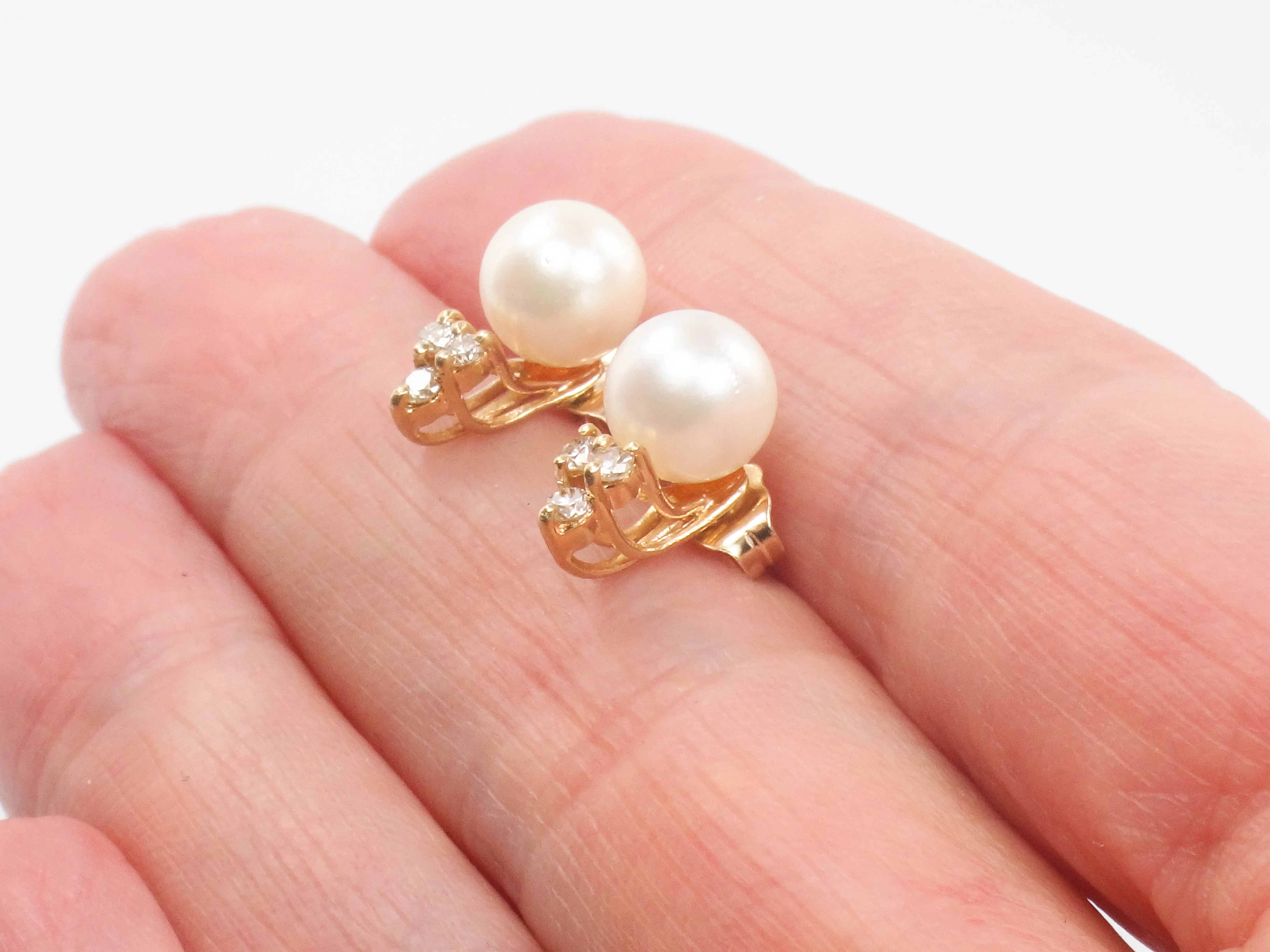 Vintage 14k Gold Cultured Pearl and Diamond Stud Earrings, June Birthstone Earrings