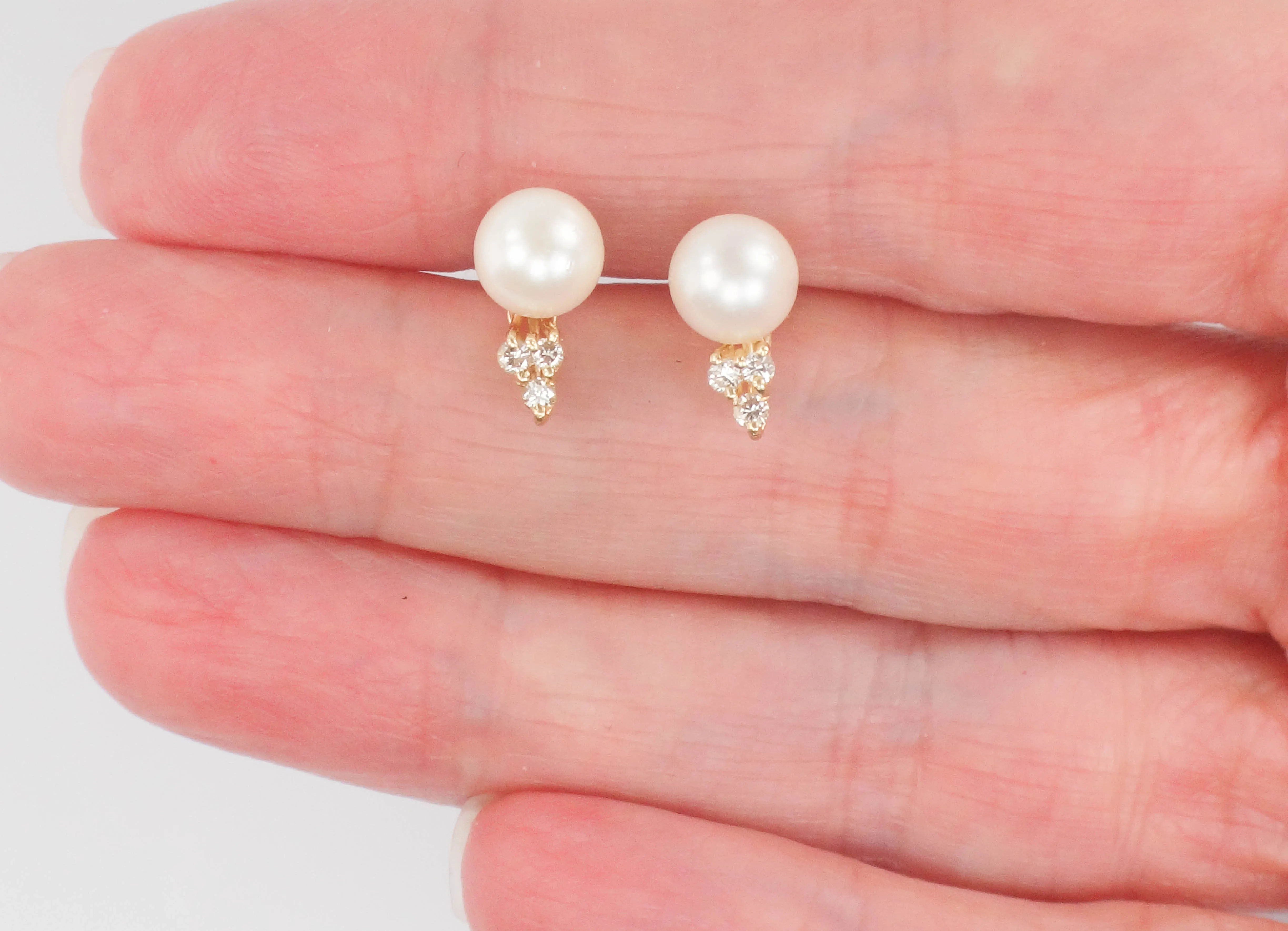 Vintage 14k Gold Cultured Pearl and Diamond Stud Earrings, June Birthstone Earrings