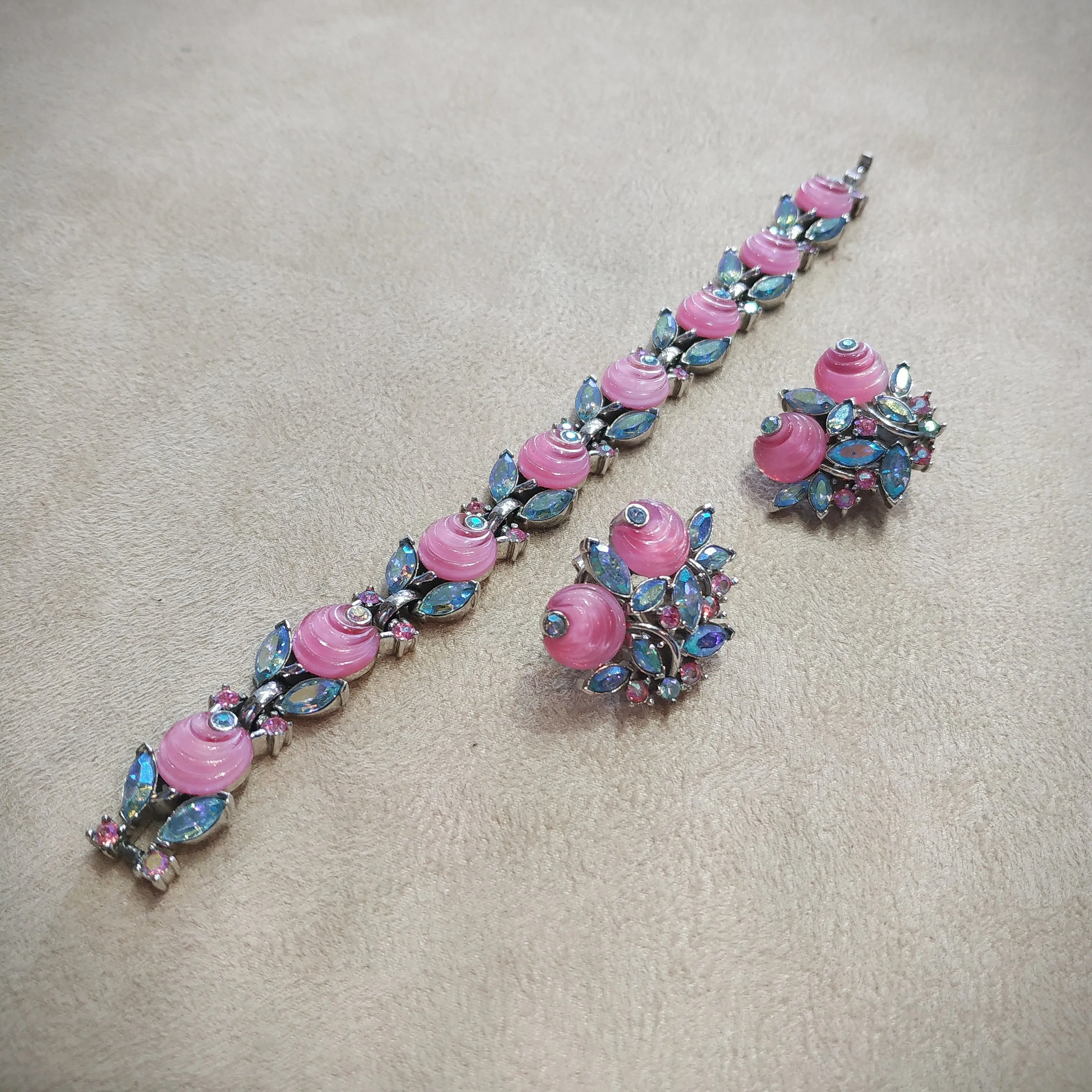 Vintage Trifari Pink Aurora Borealis Berry Earrings