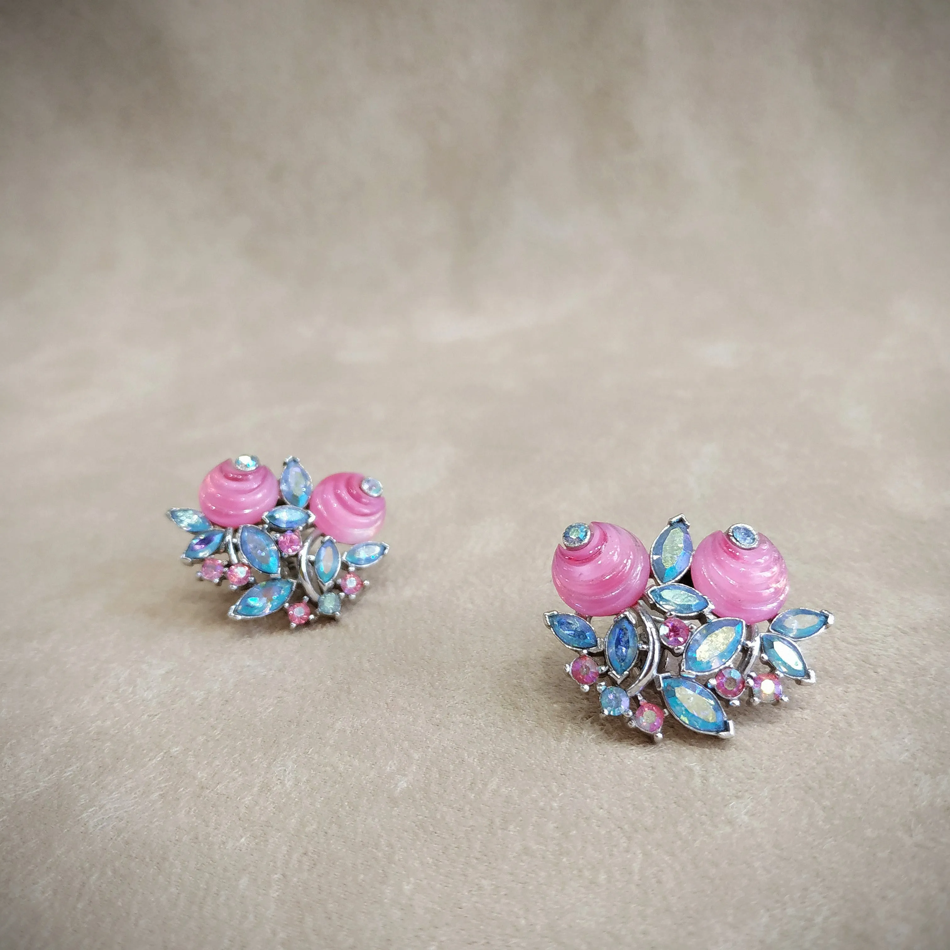 Vintage Trifari Pink Aurora Borealis Berry Earrings