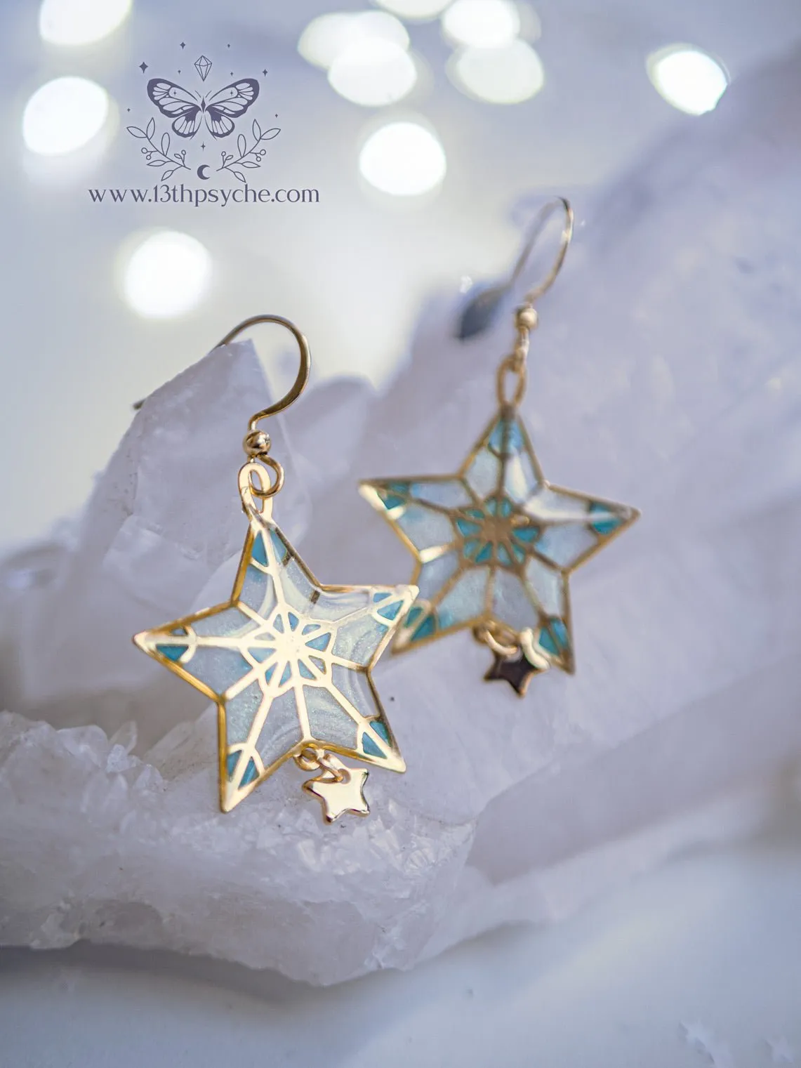 Winter star earrings, dangle drop earrings