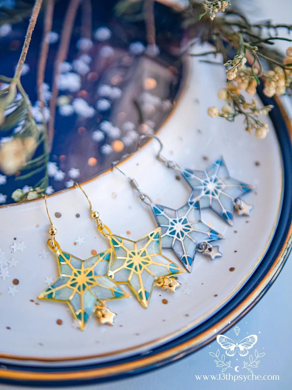 Winter star earrings, dangle drop earrings