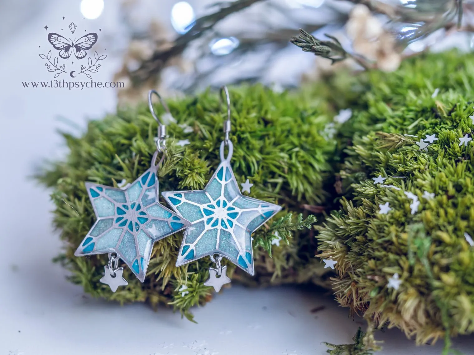 Winter star earrings, dangle drop earrings