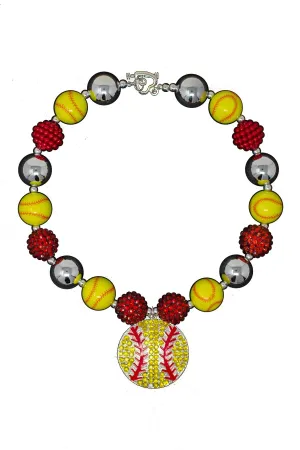 Yellow & Red Rhinestone Softball Necklace