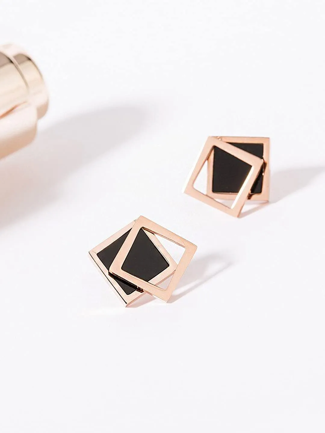 Yellow Chimes Stud Earrings for Women Western Rose Gold Plated Stainless Steel Black Square Studs Earrings For Women and Girls