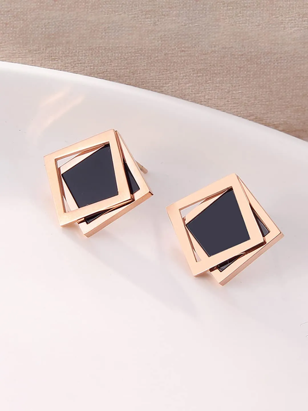 Yellow Chimes Stud Earrings for Women Western Rose Gold Plated Stainless Steel Black Square Studs Earrings For Women and Girls