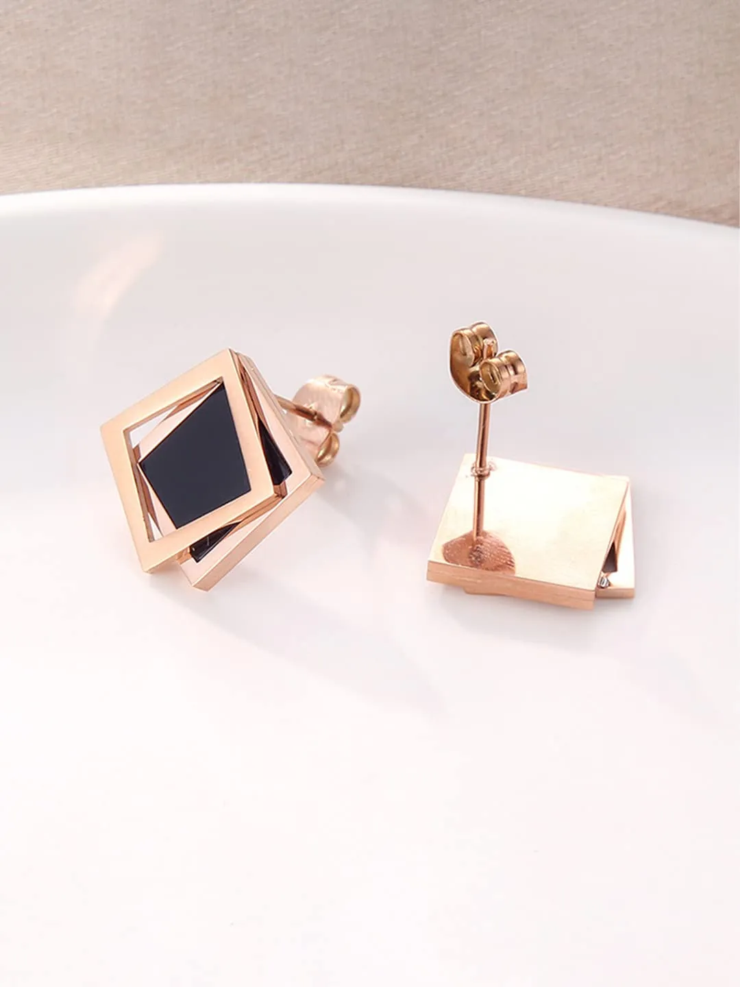 Yellow Chimes Stud Earrings for Women Western Rose Gold Plated Stainless Steel Black Square Studs Earrings For Women and Girls