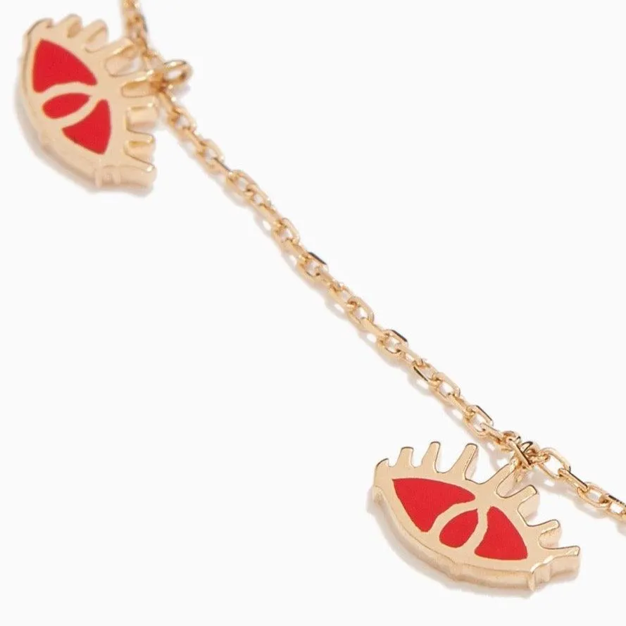 Yellow Gold & Red Enamel Eye Charm Necklace